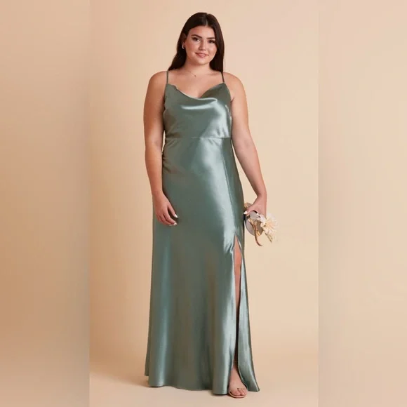 Unaltered Birdy Grey Lisa Shiny Satin Bridesmaid Dress in Sea Glass - Picture 2 of 9